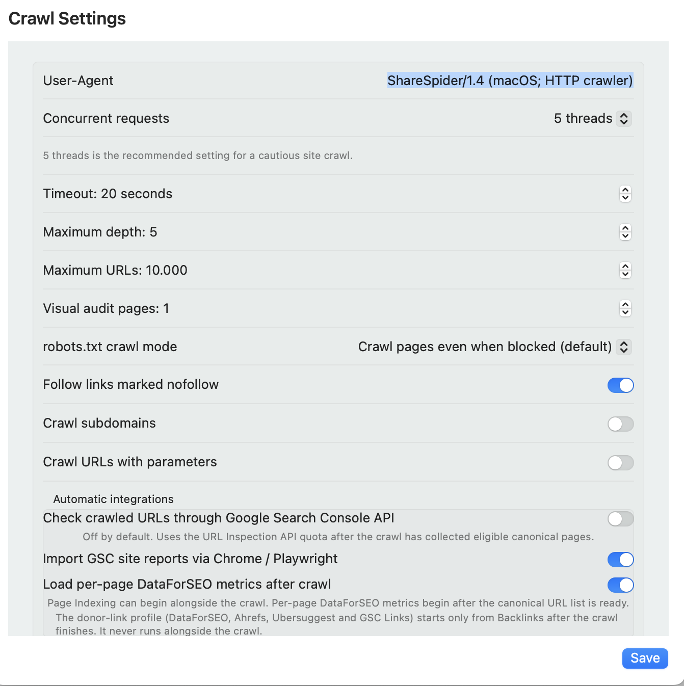 ShareSpider Settings — full-site crawl configuration